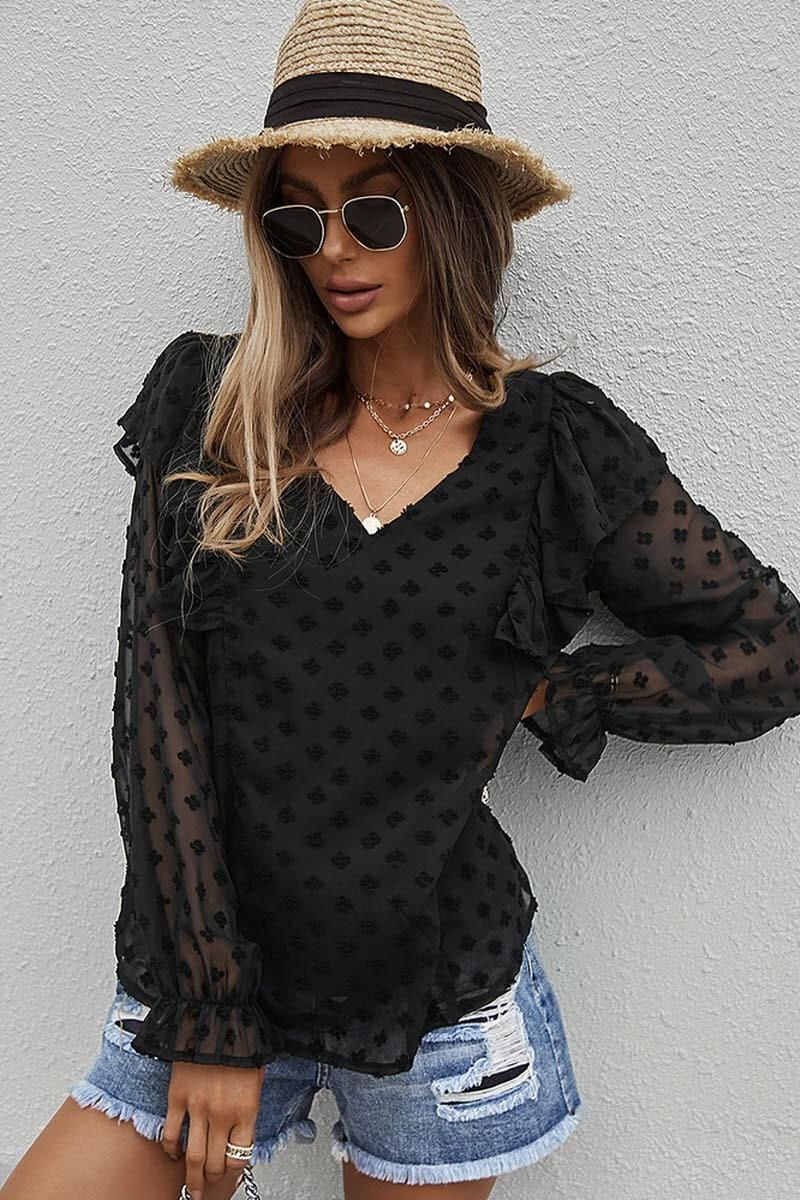 SOLID COLOR V NECK RUFFLE T SHIRT - Doublju