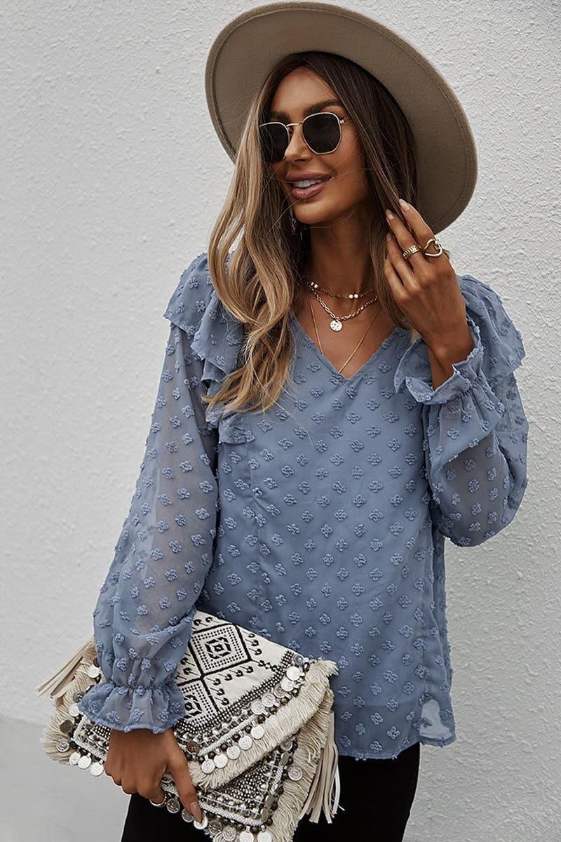 SOLID COLOR V NECK RUFFLE T SHIRT - Doublju