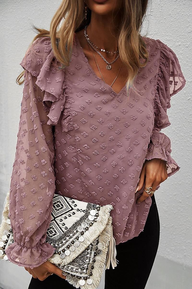 SOLID COLOR V NECK RUFFLE T SHIRT - Doublju