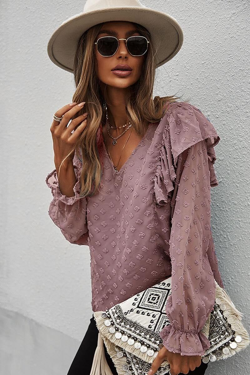 SOLID COLOR V NECK RUFFLE T SHIRT - Doublju