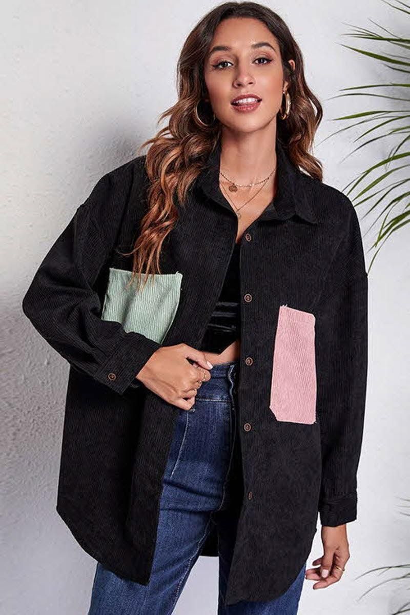 STITCHING POCKETS LOOSE CORDUROY SHIRT - Doublju