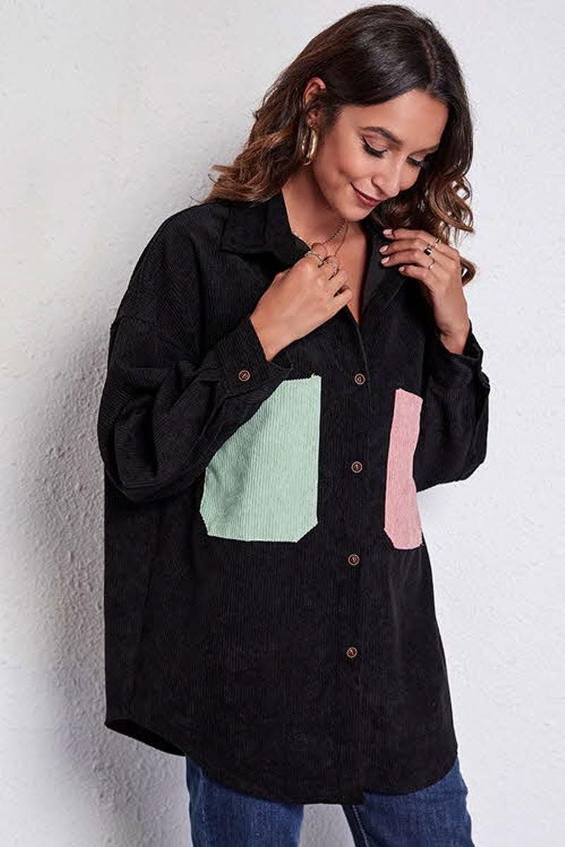 STITCHING POCKETS LOOSE CORDUROY SHIRT - Doublju