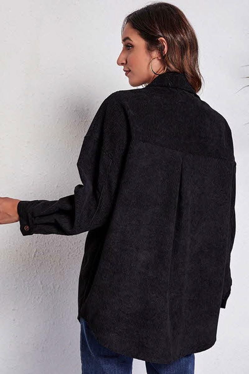STITCHING POCKETS LOOSE CORDUROY SHIRT - Doublju
