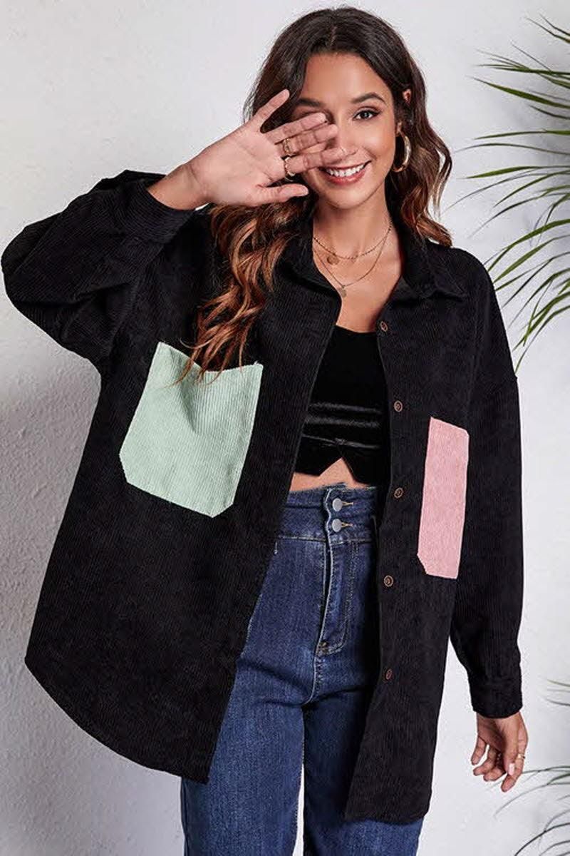 STITCHING POCKETS LOOSE CORDUROY SHIRT - Doublju