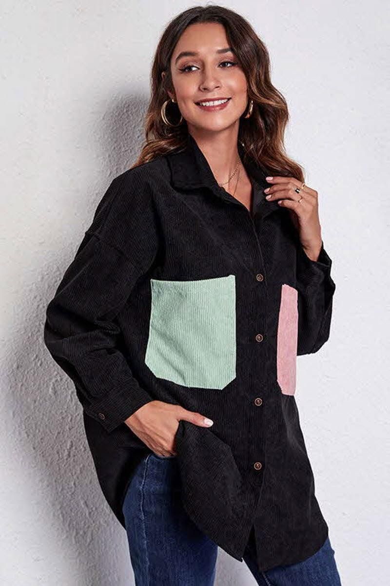 STITCHING POCKETS LOOSE CORDUROY SHIRT - Doublju