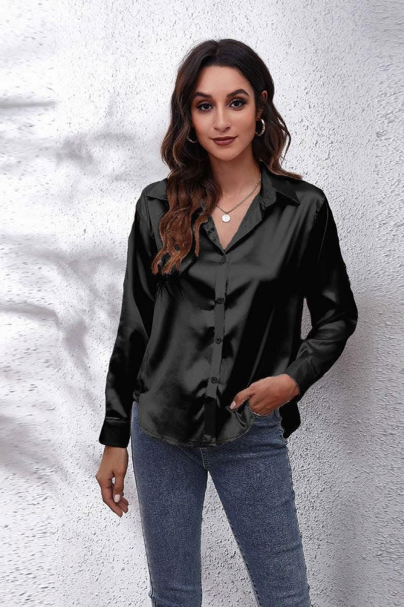 Solid Color Silk Long Sleeved Shirt - Doublju