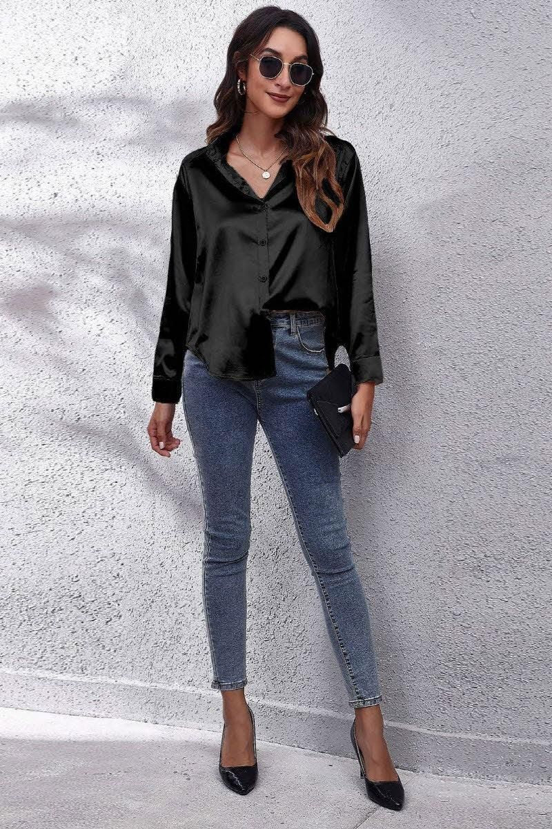 Solid Color Silk Long Sleeved Shirt - Doublju