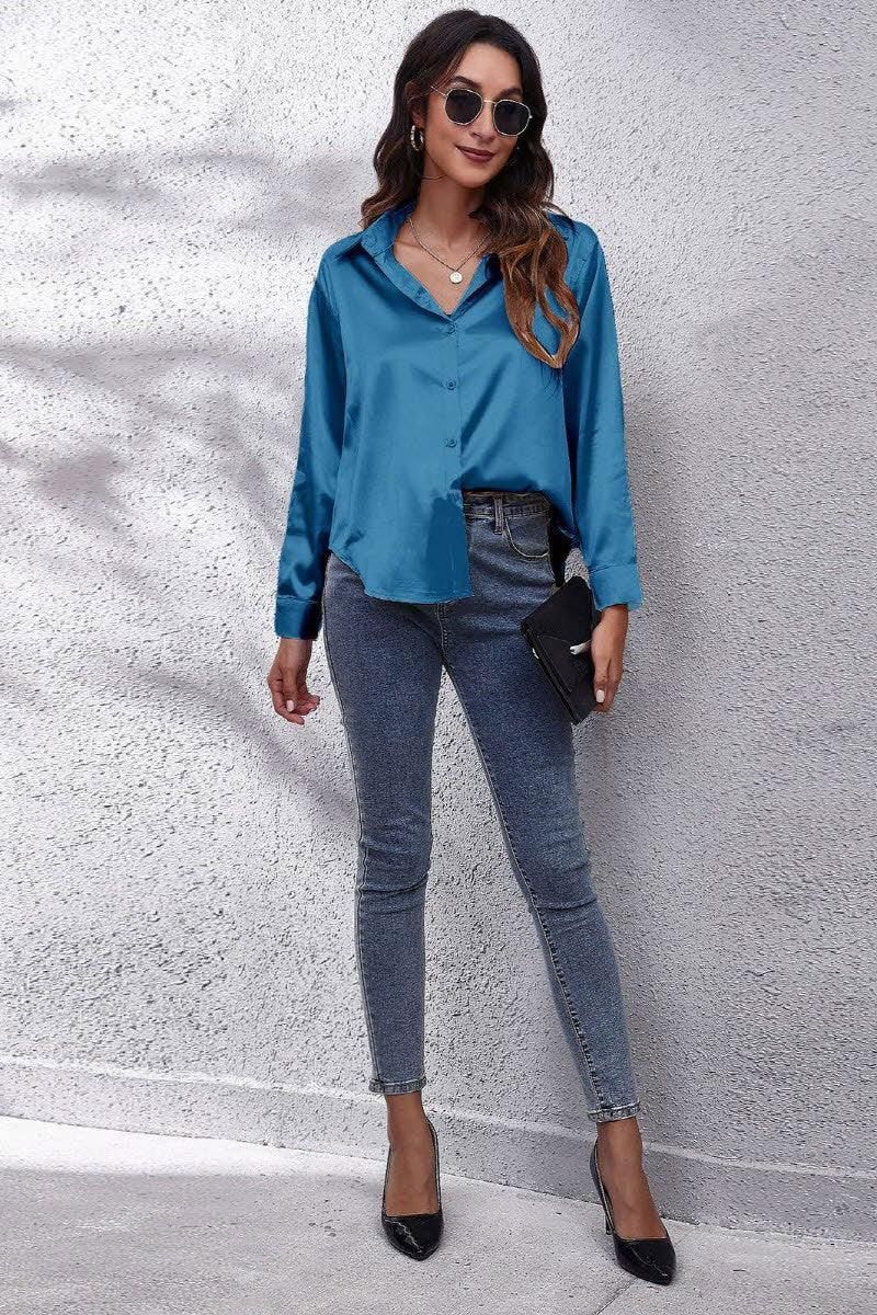 Solid Color Silk Long Sleeved Shirt - Doublju
