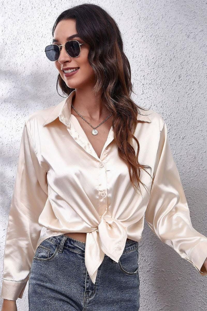 Solid Color Silk Long Sleeved Shirt - Doublju