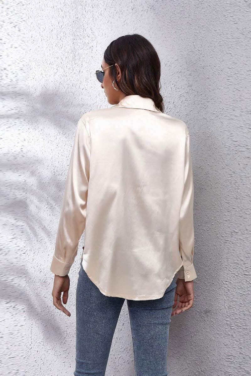 Solid Color Silk Long Sleeved Shirt - Doublju