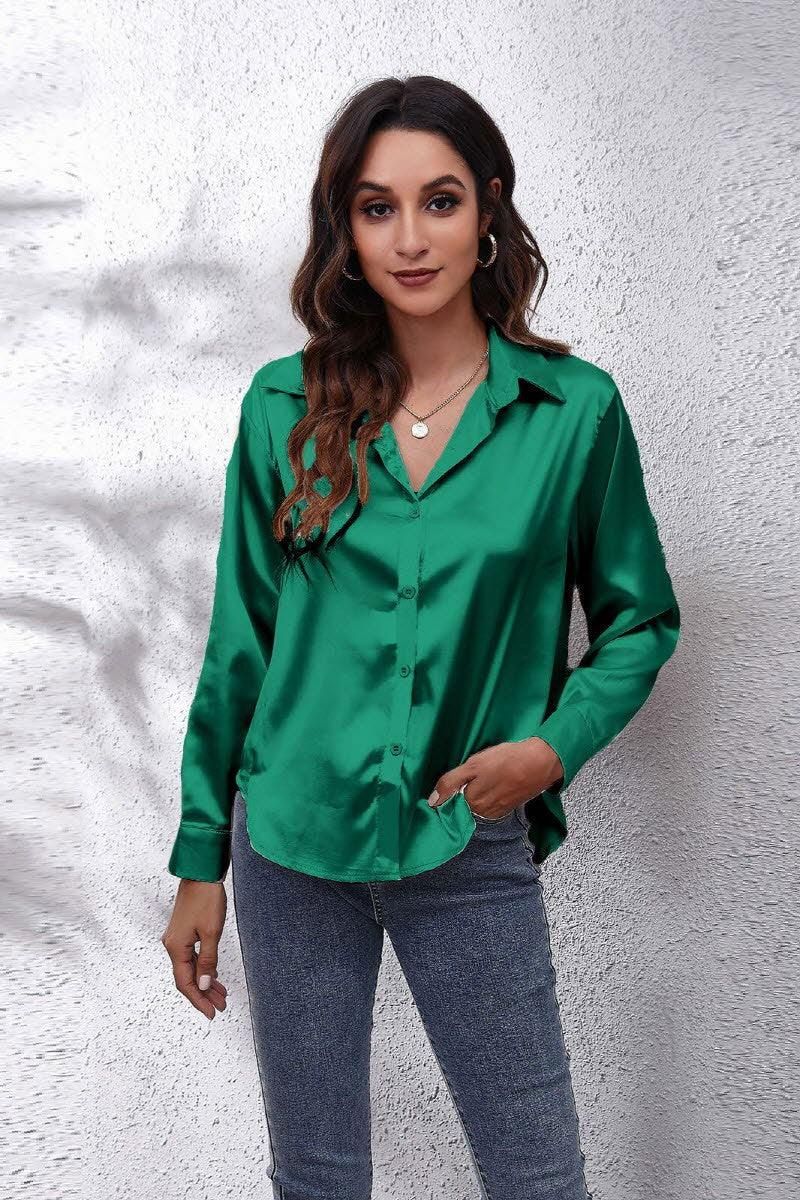 Solid Color Silk Long Sleeved Shirt - Doublju
