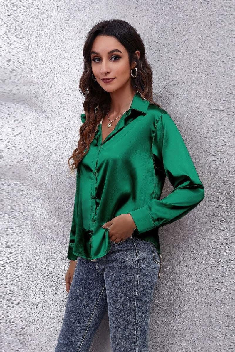 Solid Color Silk Long Sleeved Shirt - Doublju