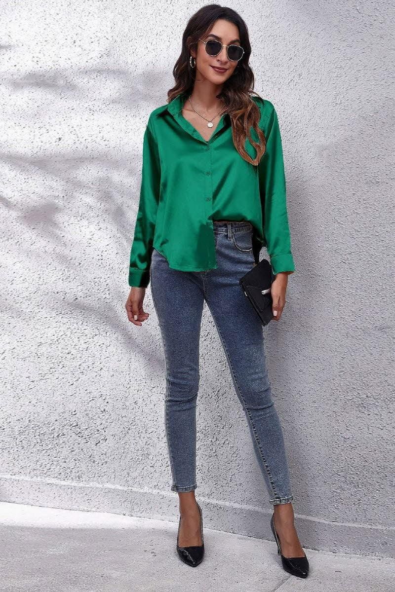 Solid Color Silk Long Sleeved Shirt - Doublju