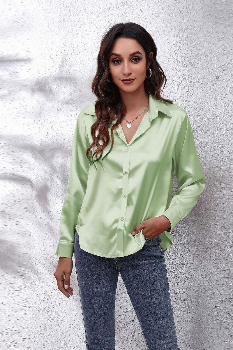 Solid Color Silk Long Sleeved Shirt - Doublju