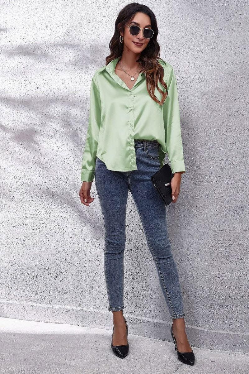 Solid Color Silk Long Sleeved Shirt - Doublju