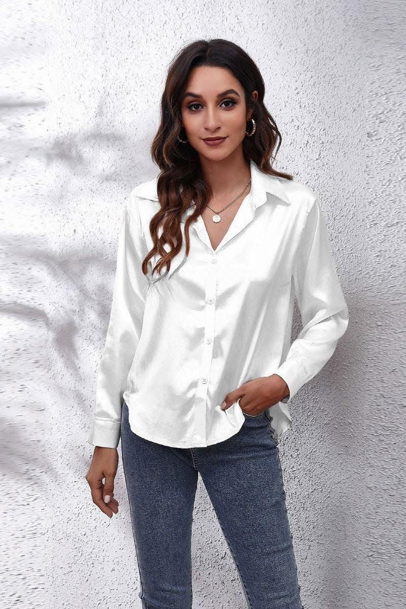 Solid Color Silk Long Sleeved Shirt - Doublju