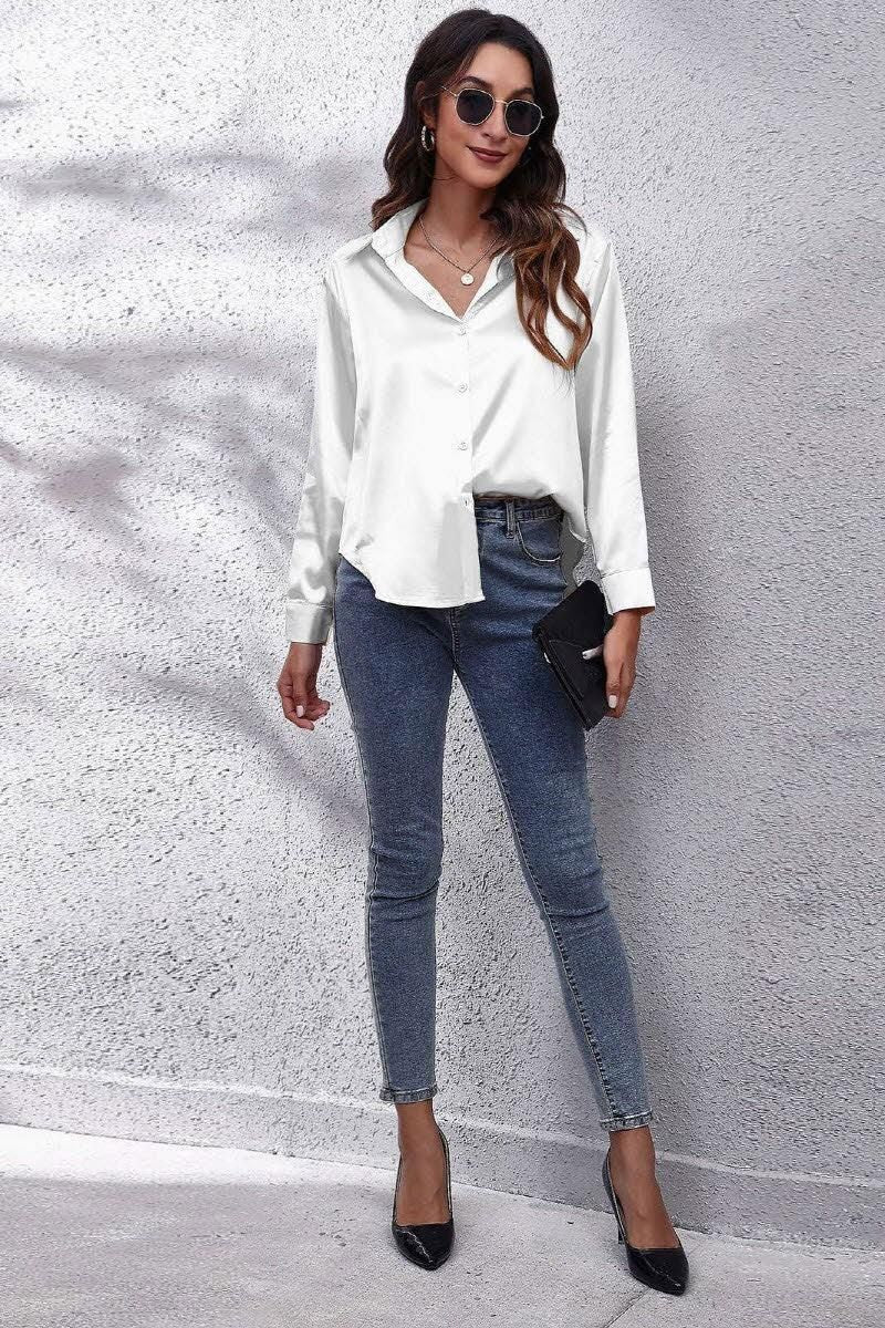 Solid Color Silk Long Sleeved Shirt - Doublju