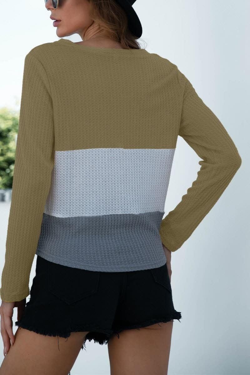 V NECK STITCHING BUTTONS STRAP KNIT BLOUSE - Doublju