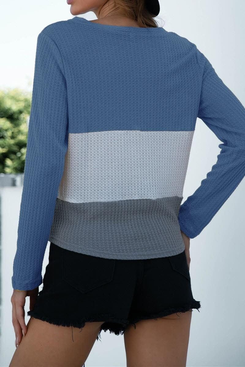 V NECK STITCHING BUTTONS STRAP KNIT BLOUSE - Doublju