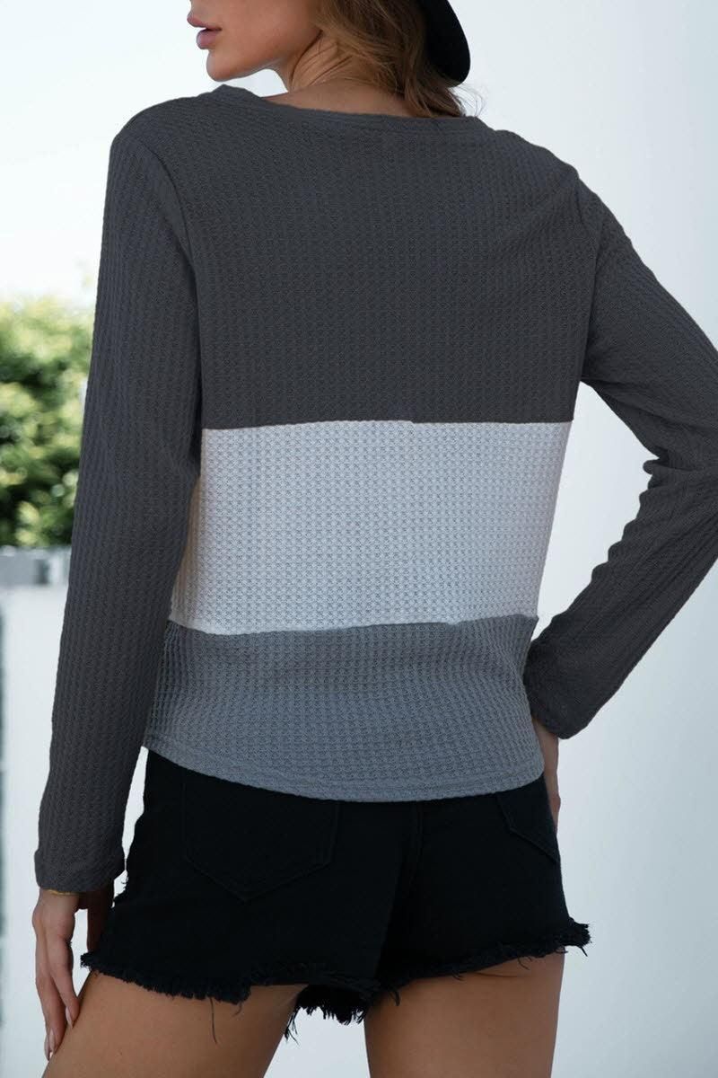 V NECK STITCHING BUTTONS STRAP KNIT BLOUSE - Doublju