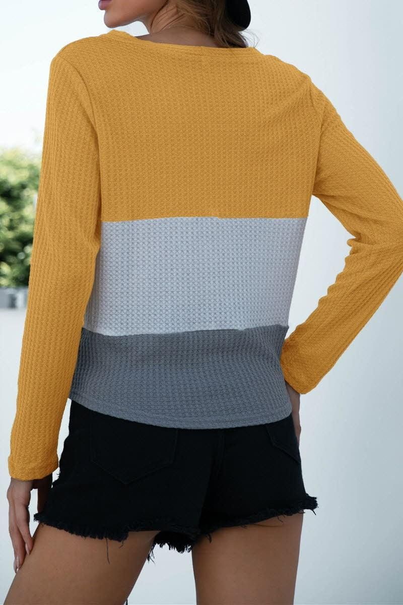 V NECK STITCHING BUTTONS STRAP KNIT BLOUSE - Doublju