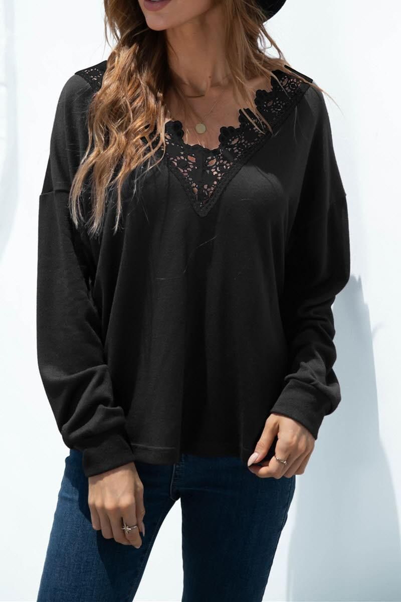 V NECK STITCHING SOLID COLOR LONG SLEEVE TOP - Doublju
