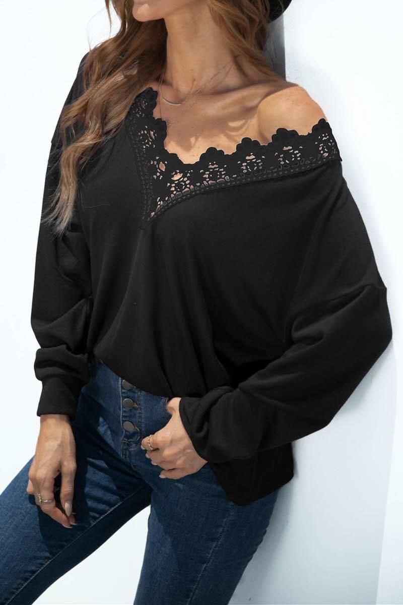 V NECK STITCHING SOLID COLOR LONG SLEEVE TOP - Doublju