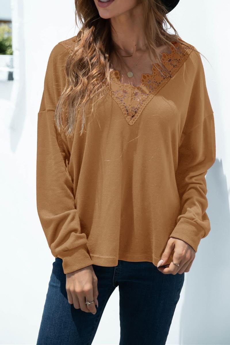 V NECK STITCHING SOLID COLOR LONG SLEEVE TOP - Doublju