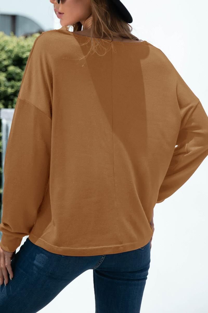 V NECK STITCHING SOLID COLOR LONG SLEEVE TOP - Doublju