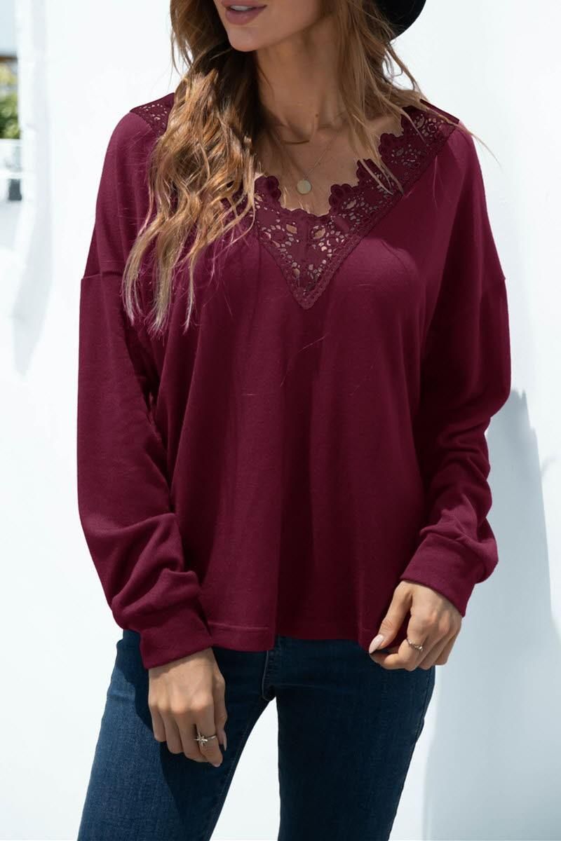 V NECK STITCHING SOLID COLOR LONG SLEEVE TOP - Doublju