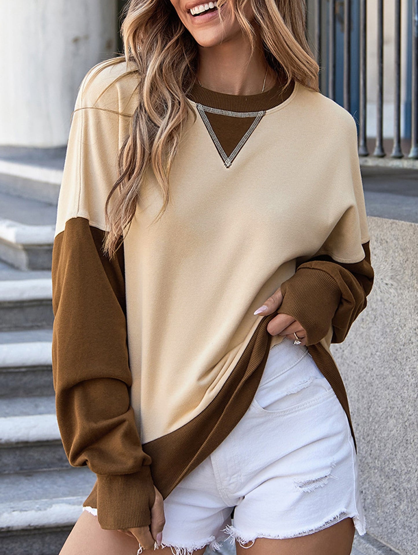 Personalized color-blocked round-neck hoodie