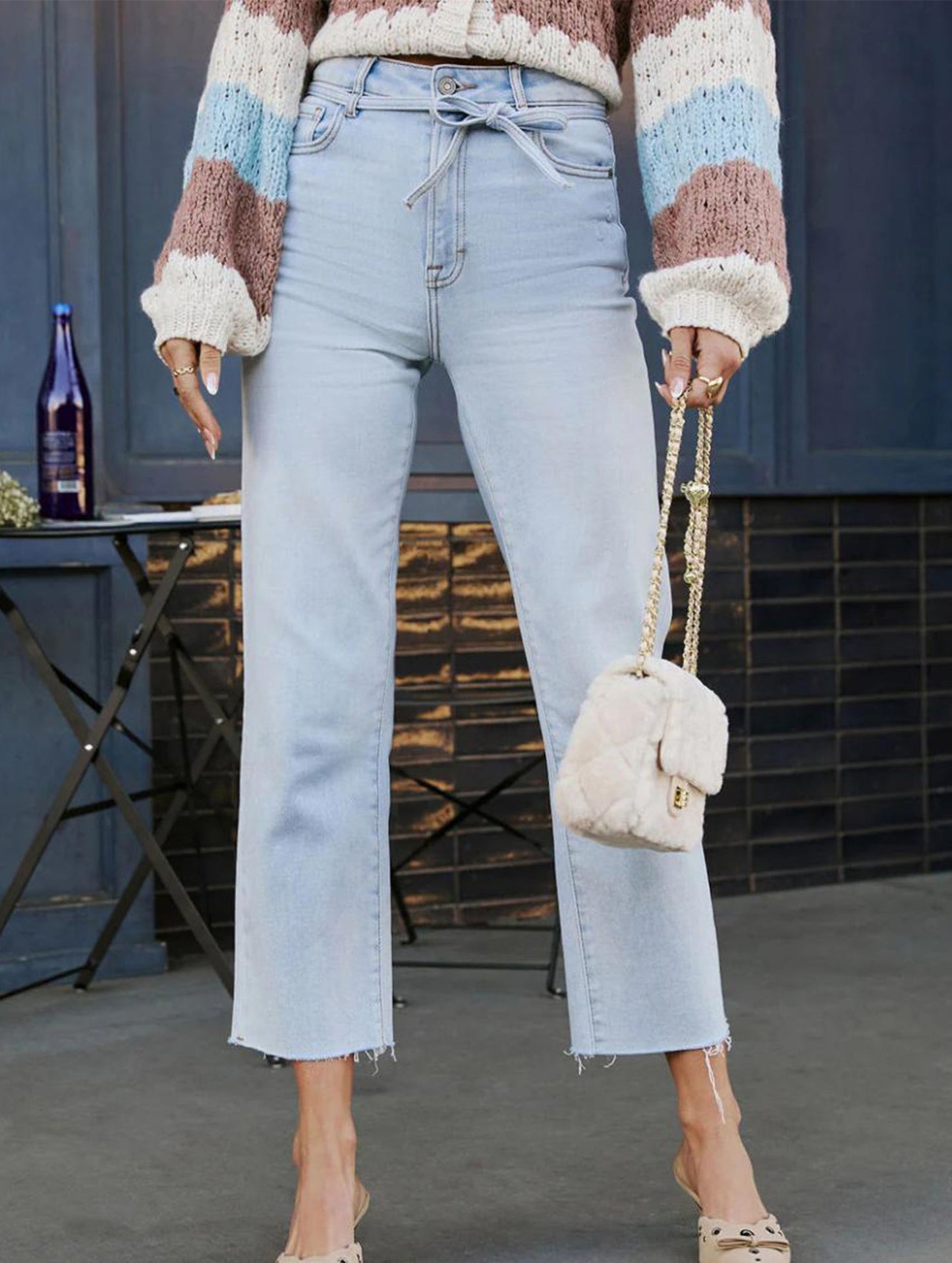 Casual high-waisted washed straight-leg jeans