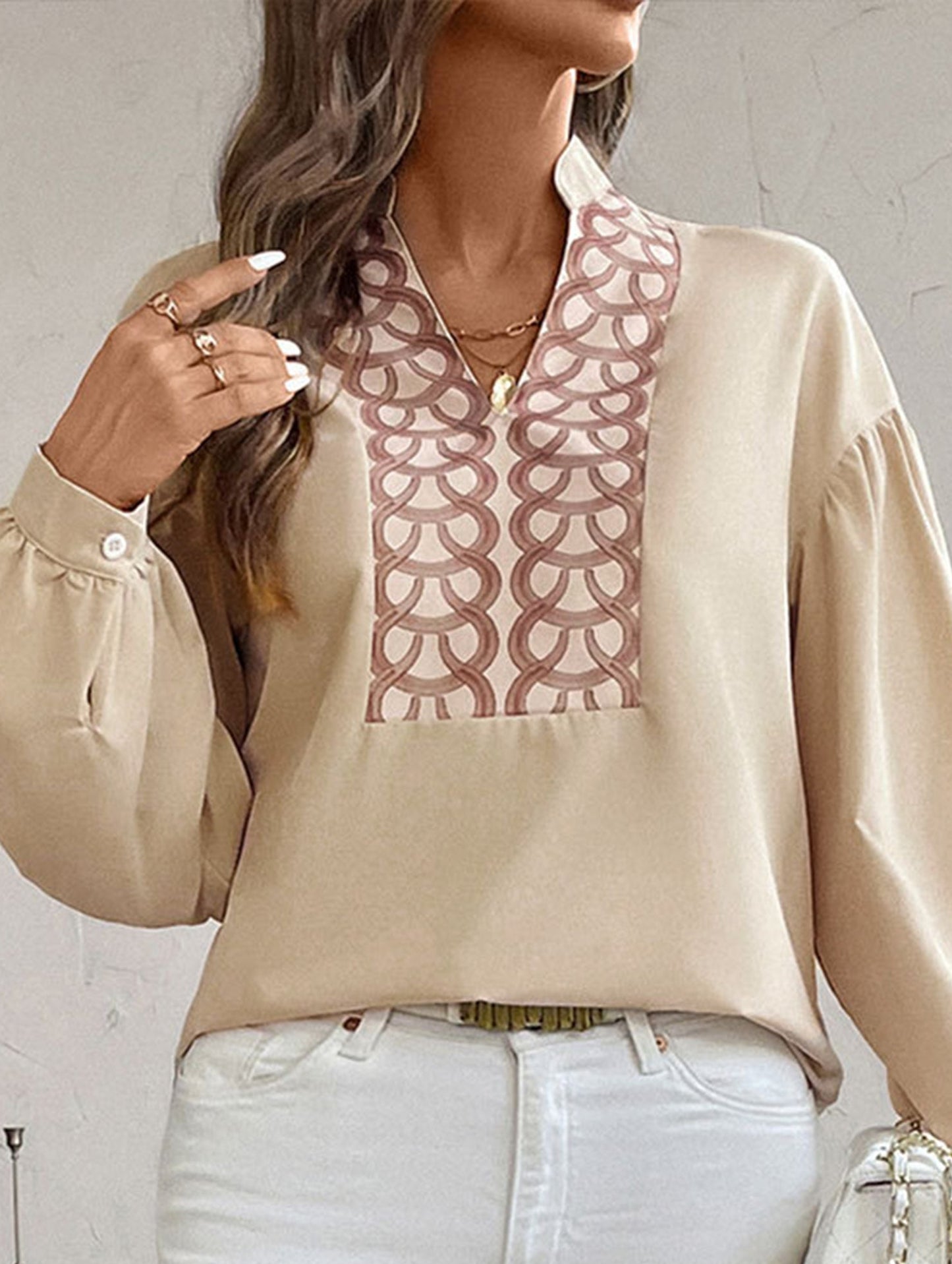 Patterned long-sleeved mandarin-collar shirt