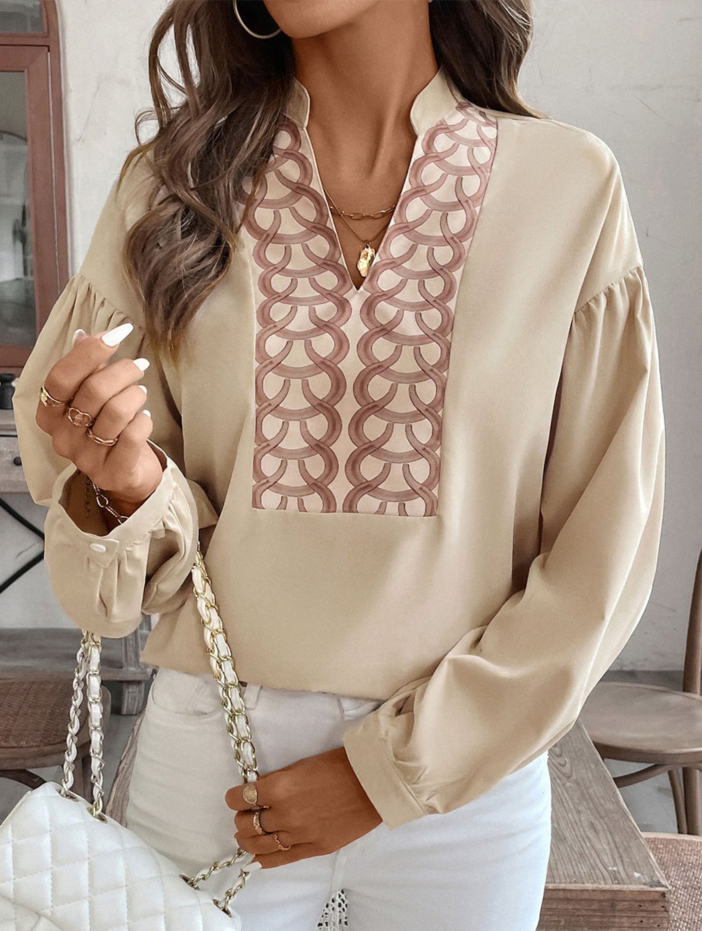 Patterned long-sleeved mandarin-collar shirt