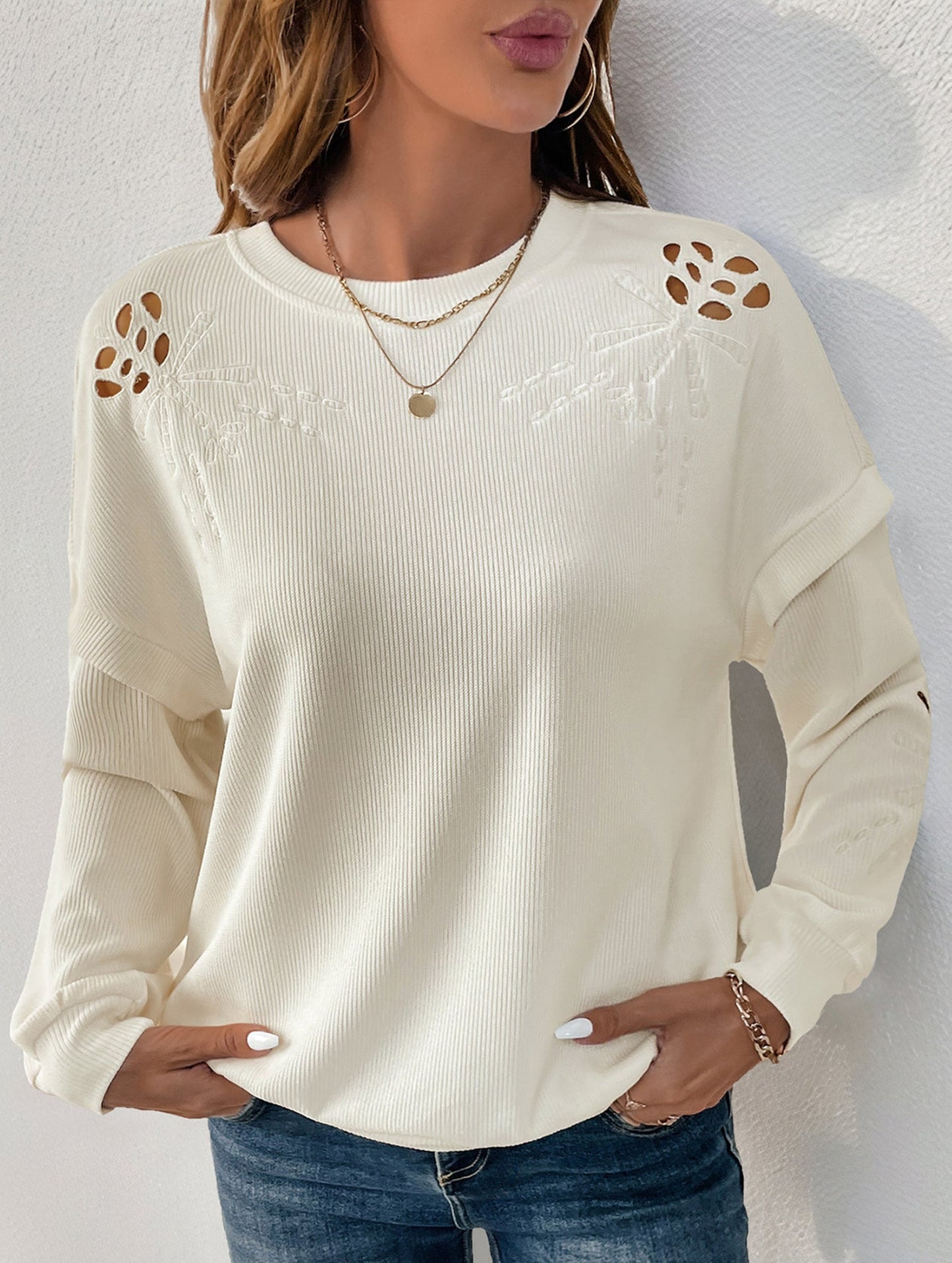 Long-sleeved texture embroidered patchwork top