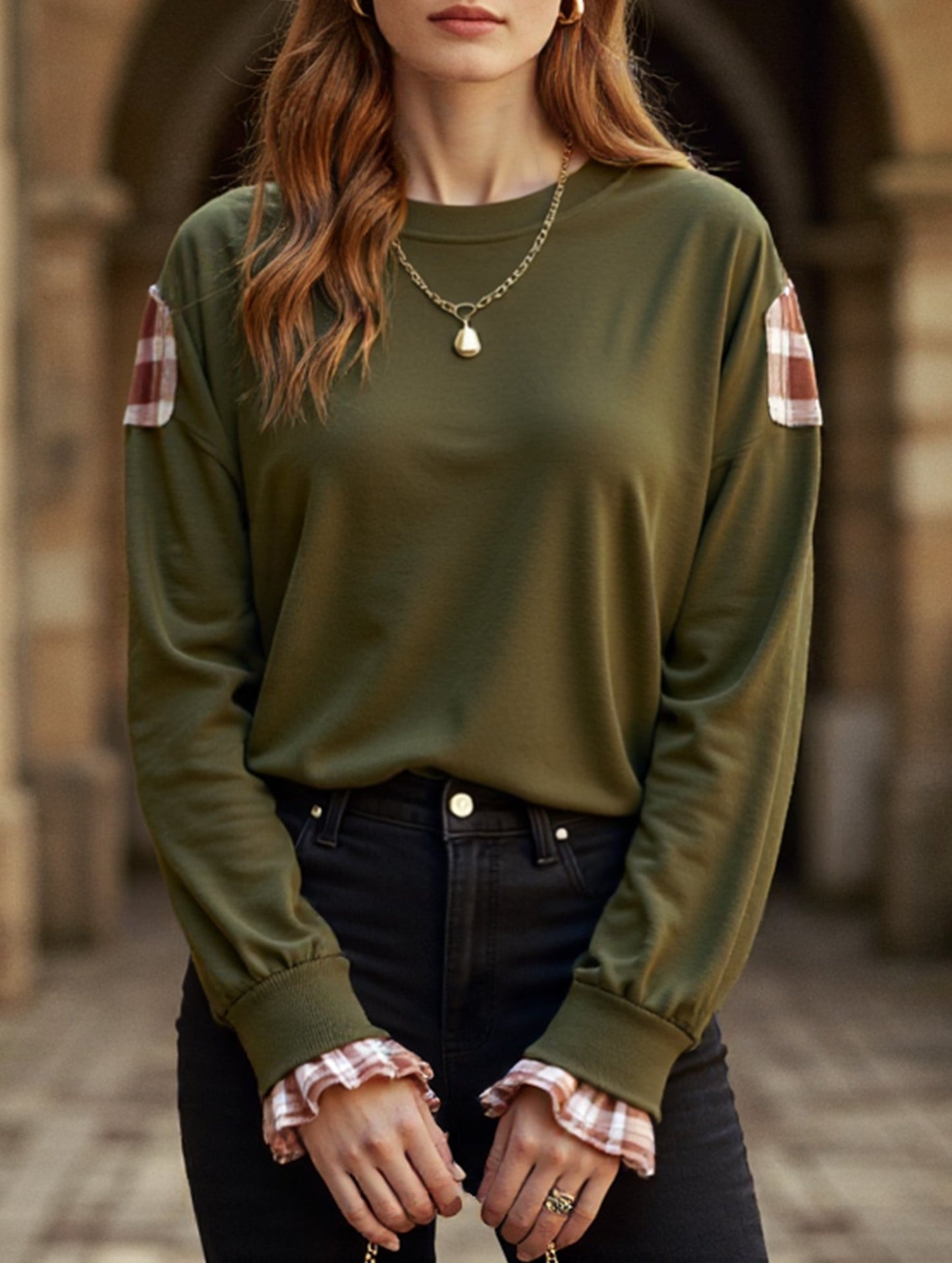 Plaid Patchwork Crew Neck Pullover Sweatshirt