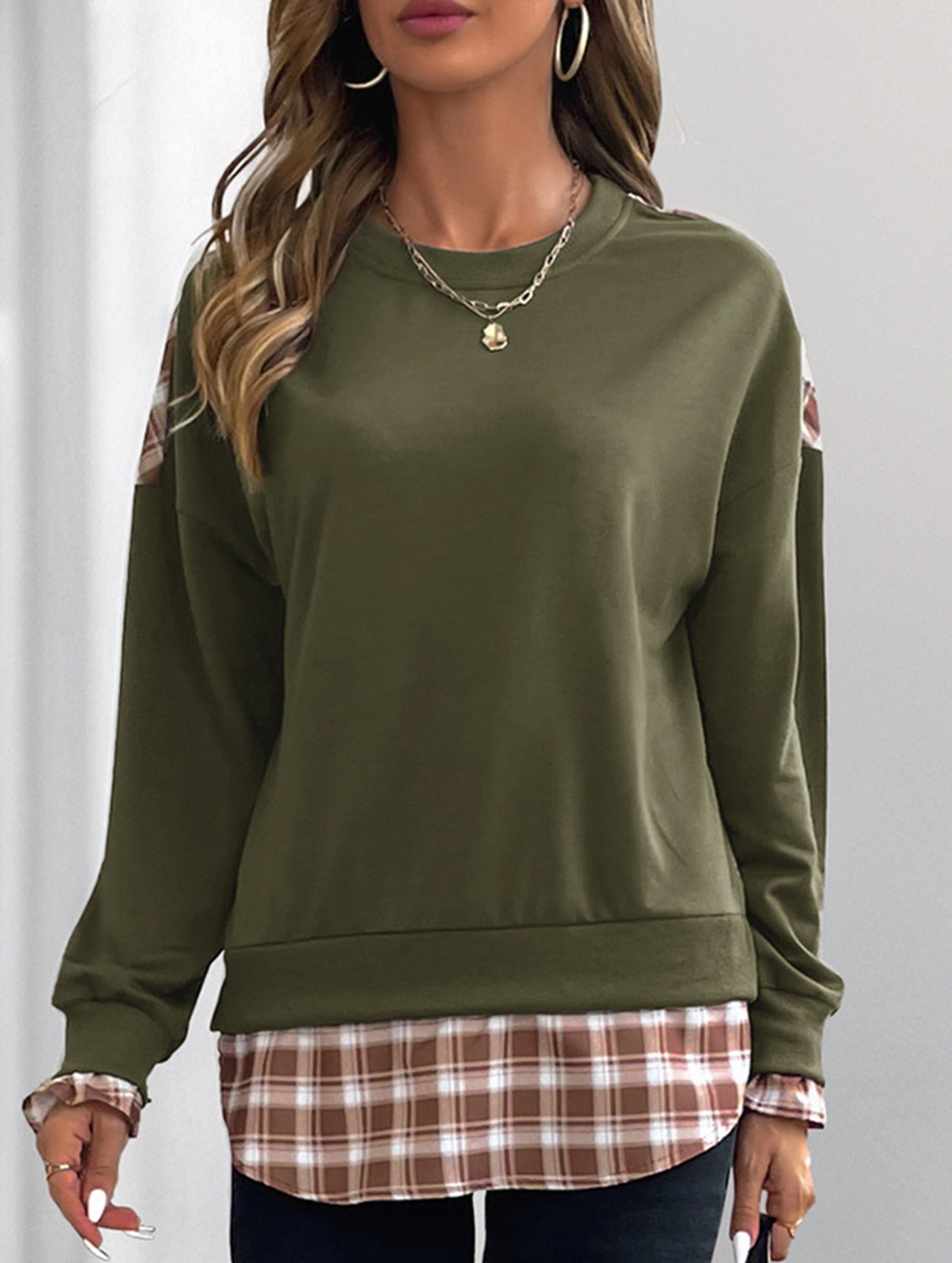 Plaid Patchwork Crew Neck Pullover Sweatshirt