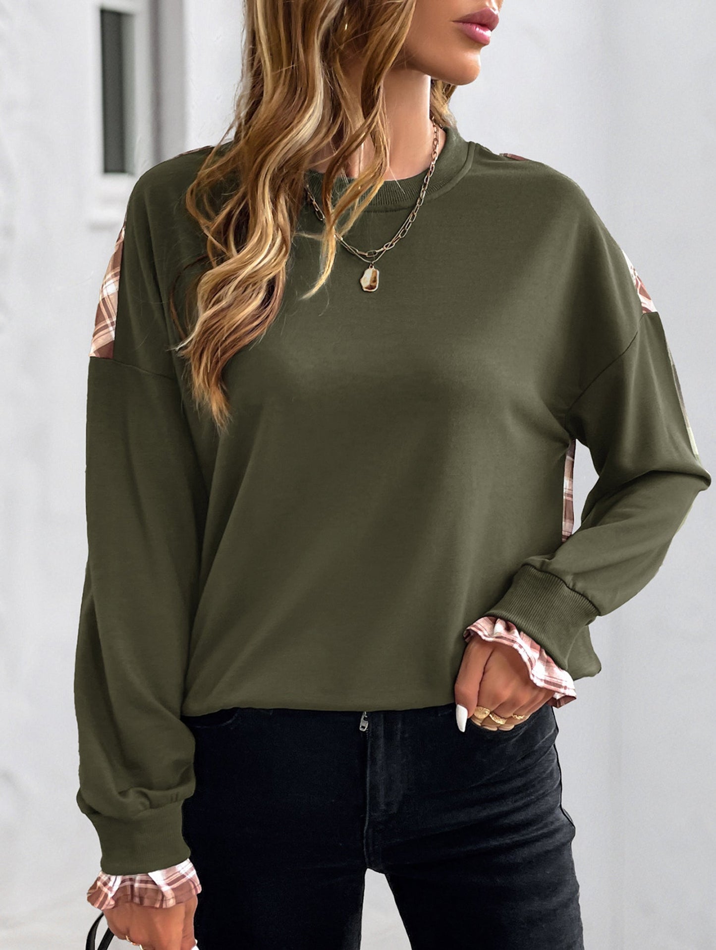 Plaid Patchwork Crew Neck Pullover Sweatshirt