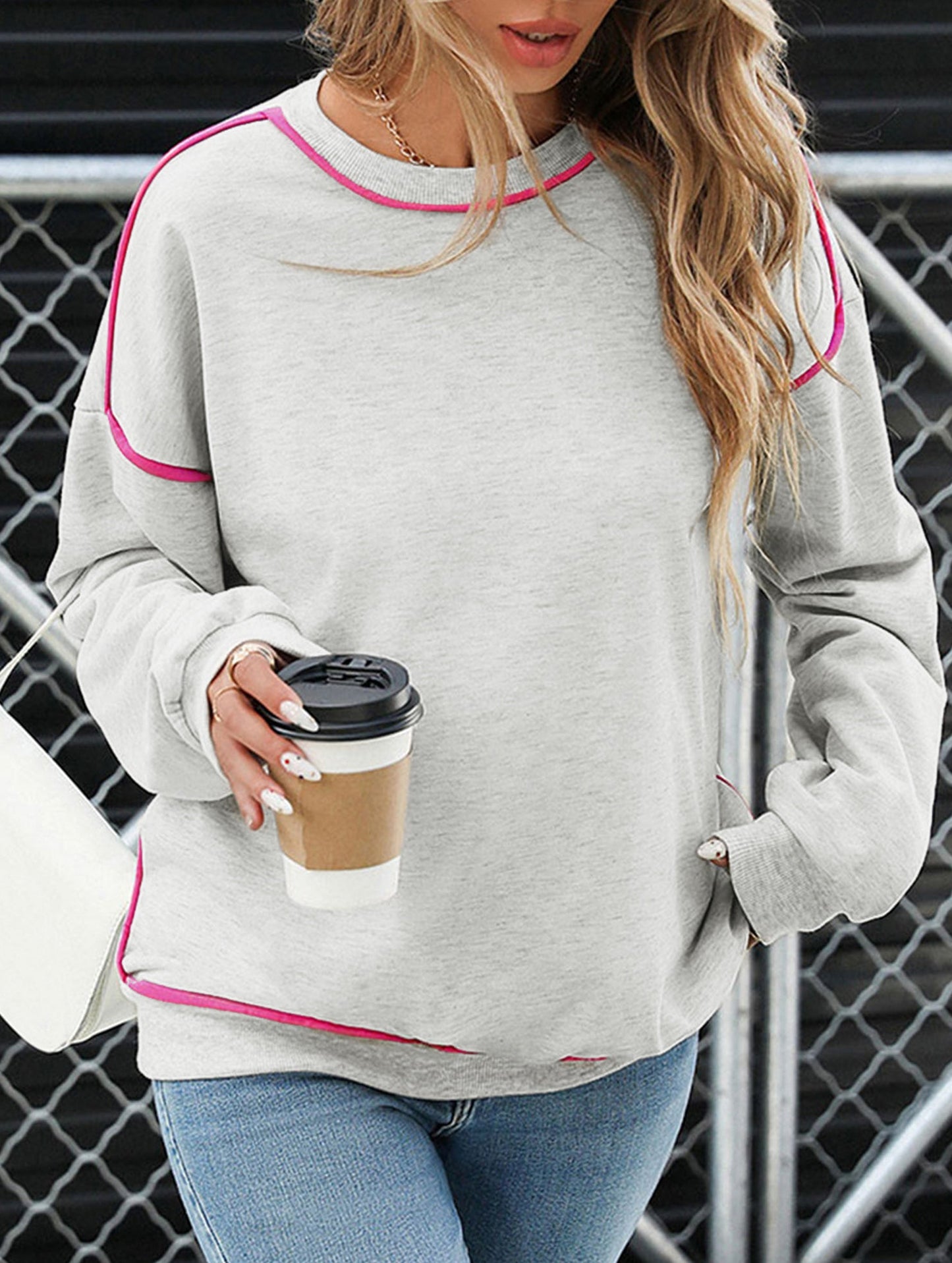 Round-neck color-blocked loose hoodie