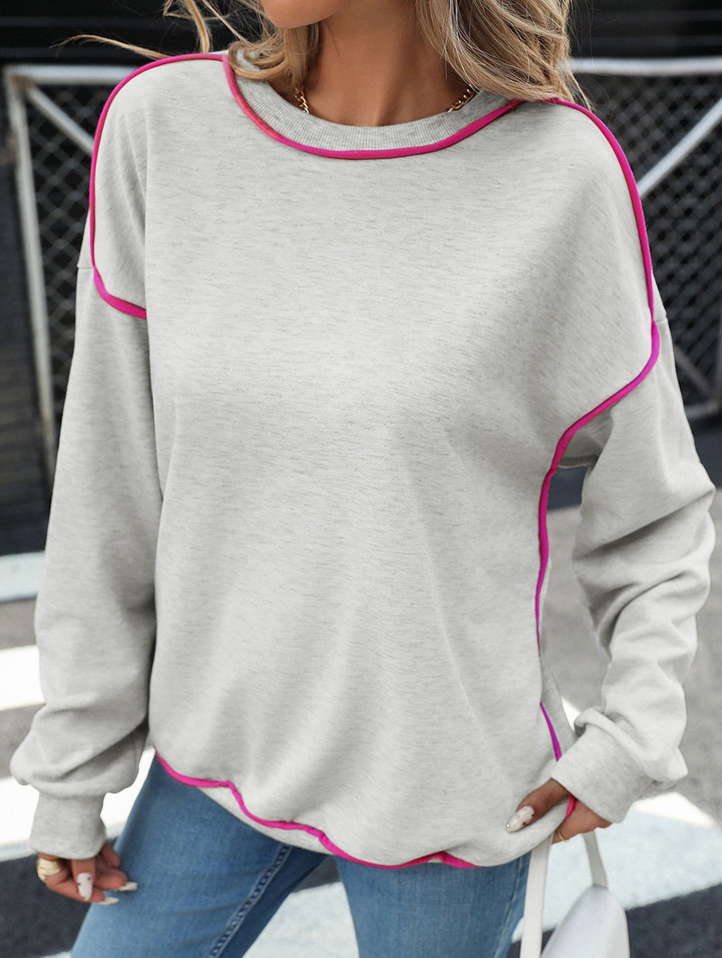 Round-neck color-blocked loose hoodie