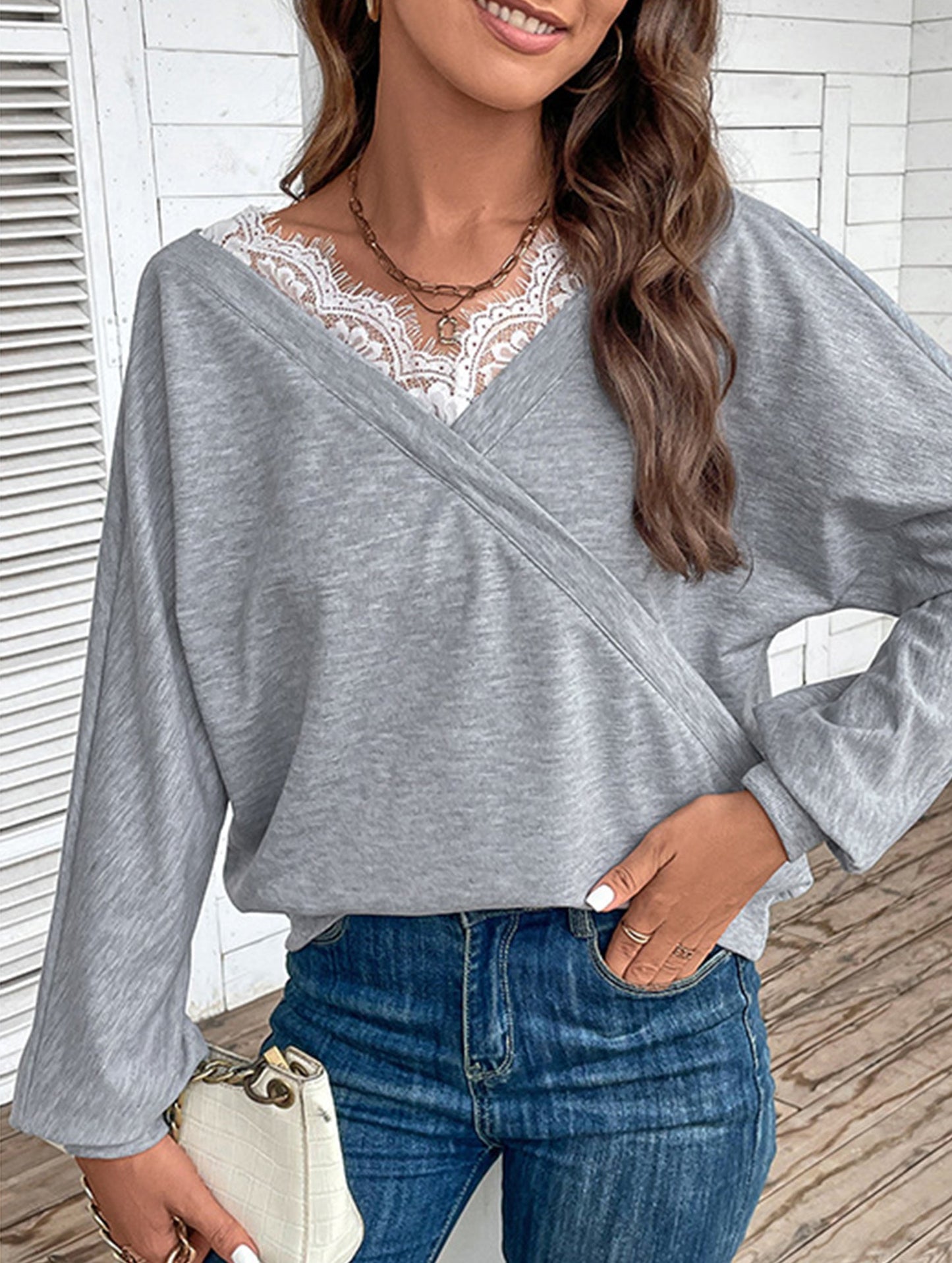 V-neck hoodie lace splice top