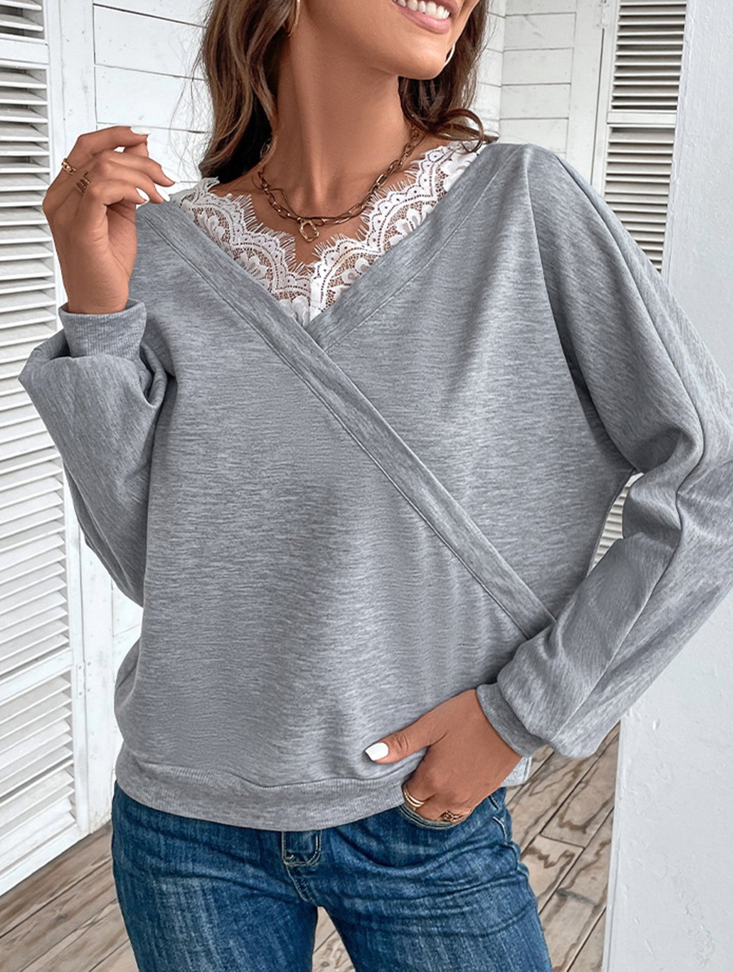 V-neck hoodie lace splice top