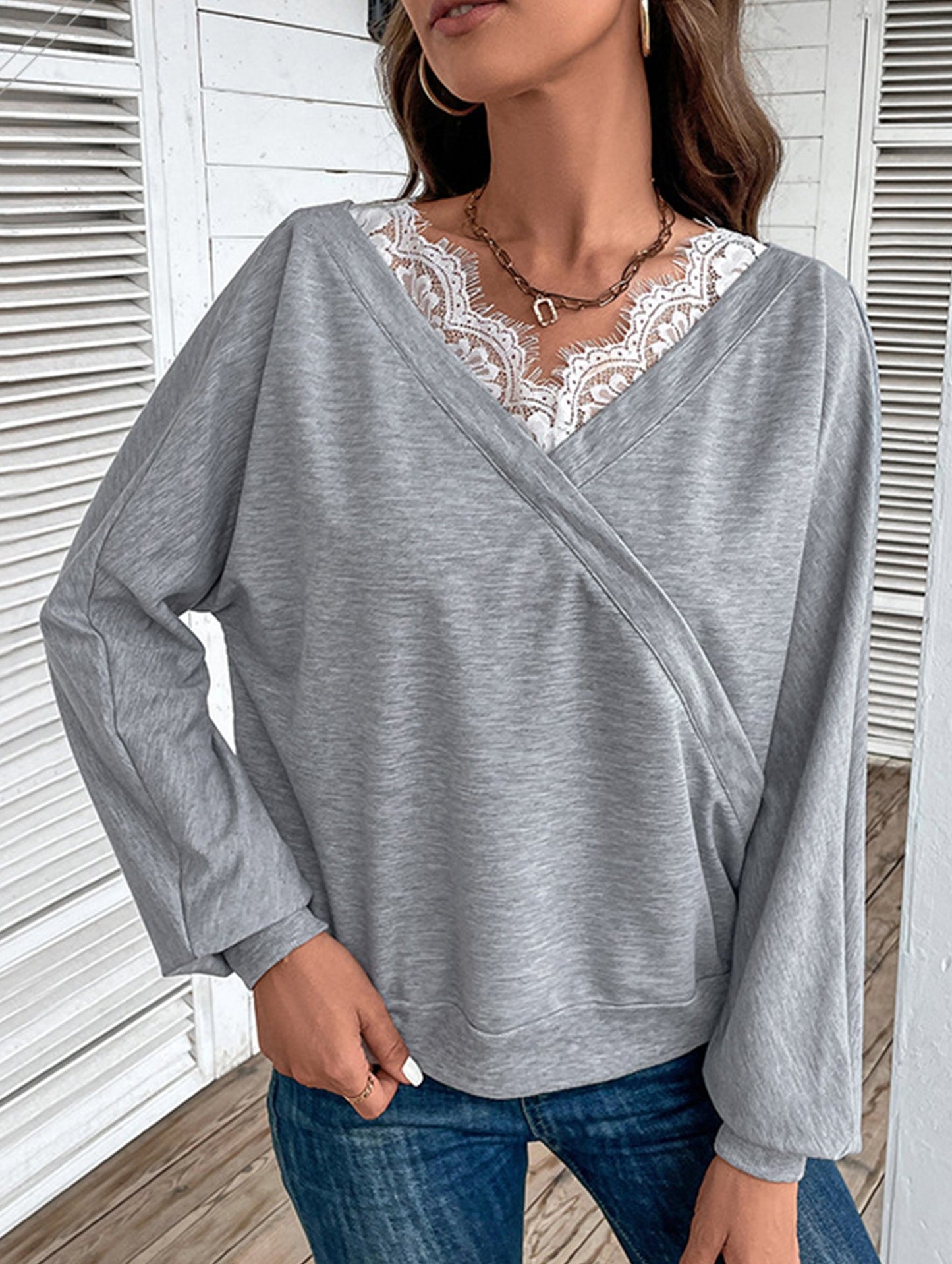 V-neck hoodie lace splice top