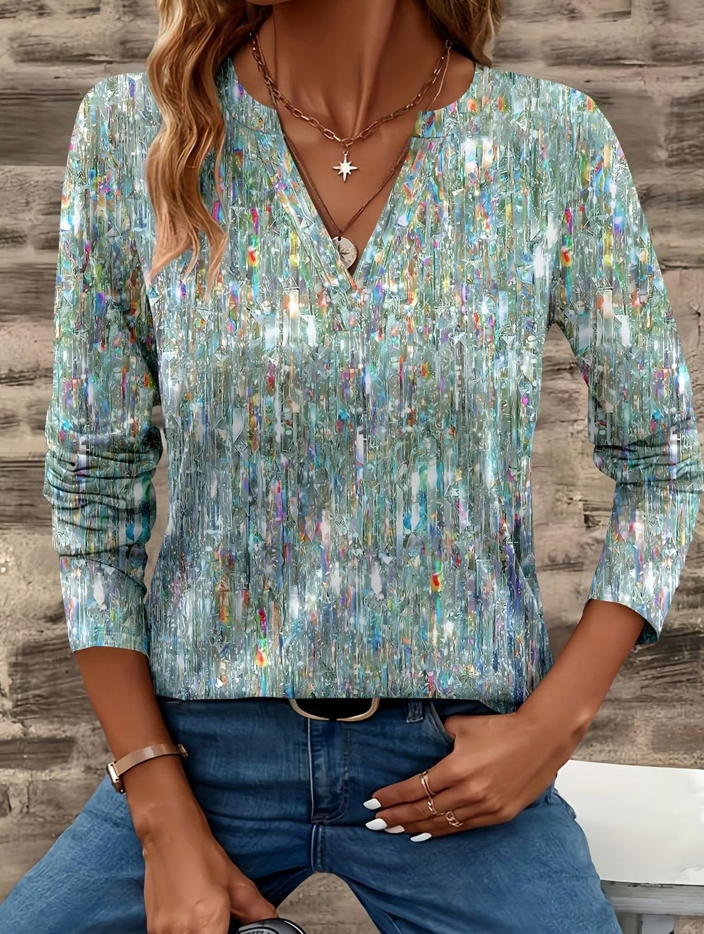 Casual V-neck long-sleeved printed shirt