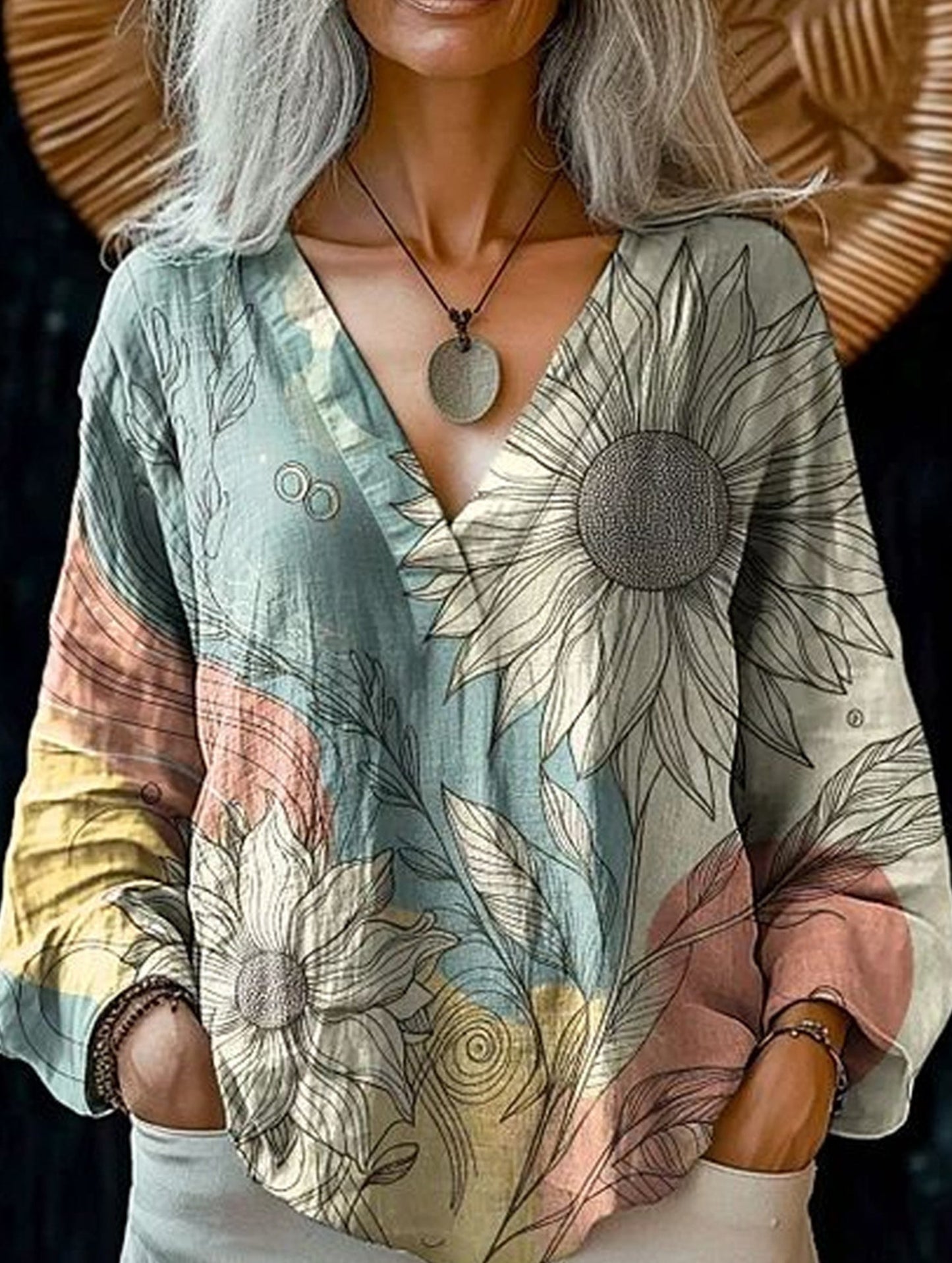 Printed casual V-neck long-sleeved pullover shirt