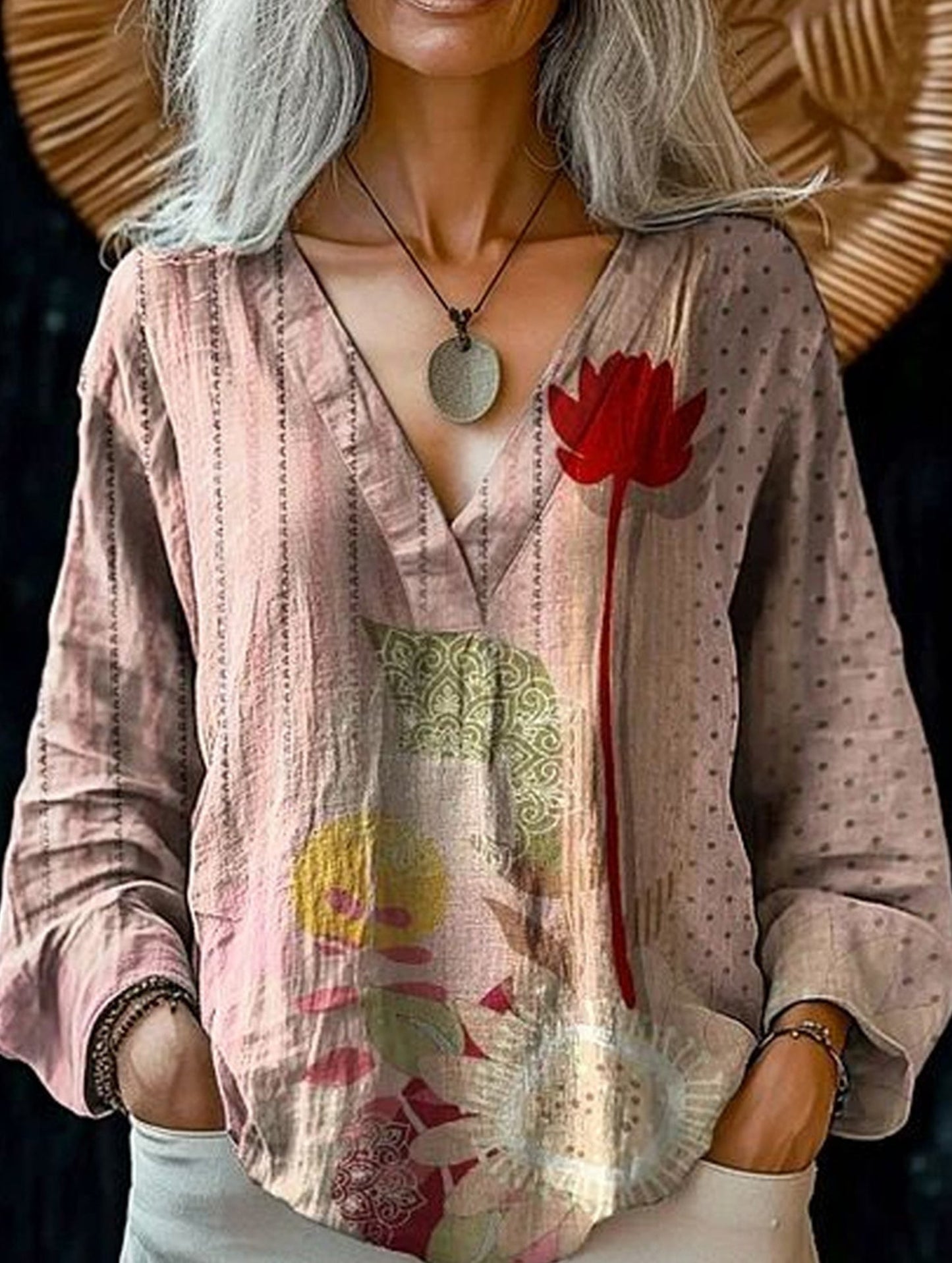 Printed casual V-neck long-sleeved pullover shirt