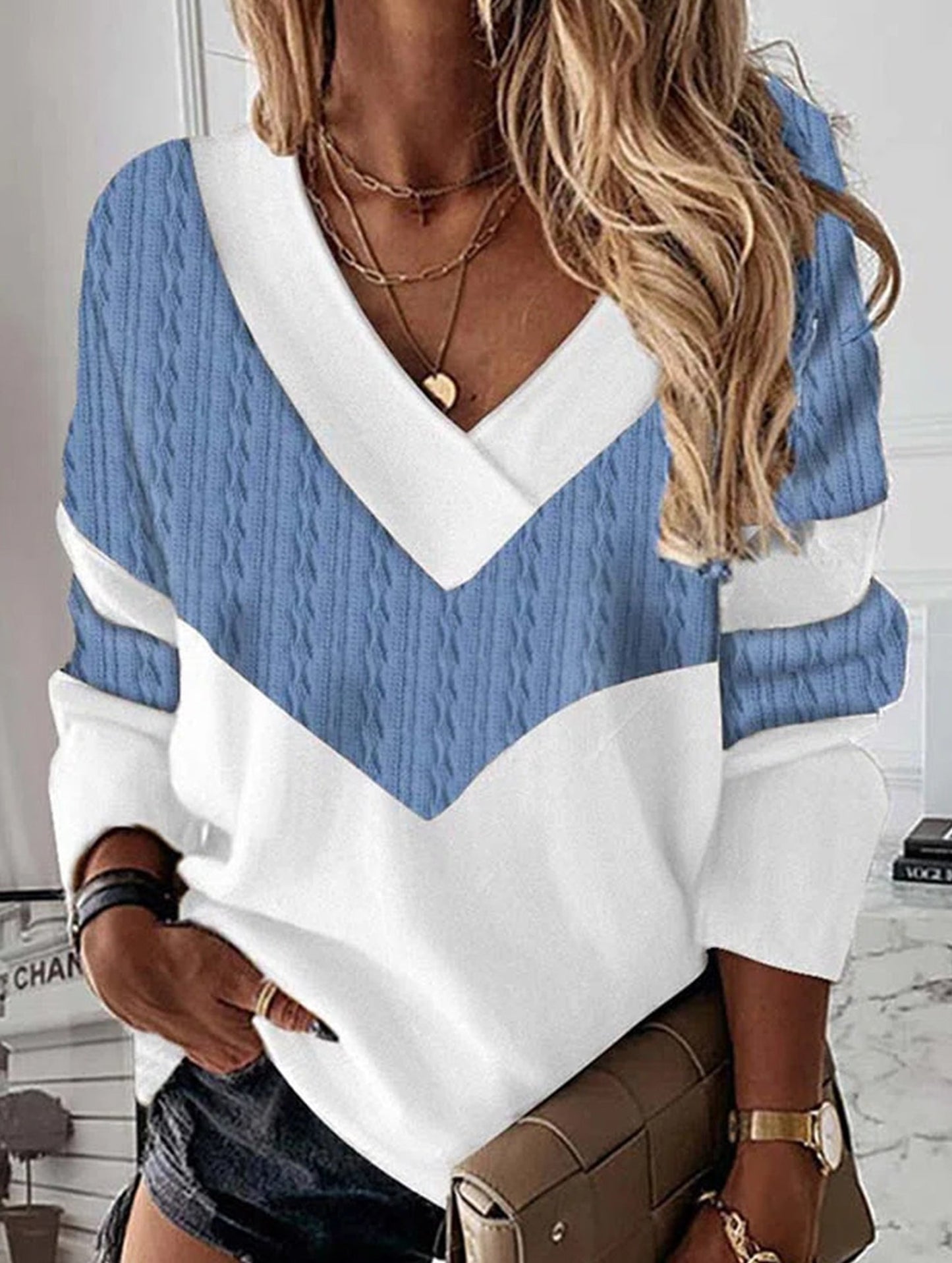 Pullover contrast print V-neck long-sleeved shirt