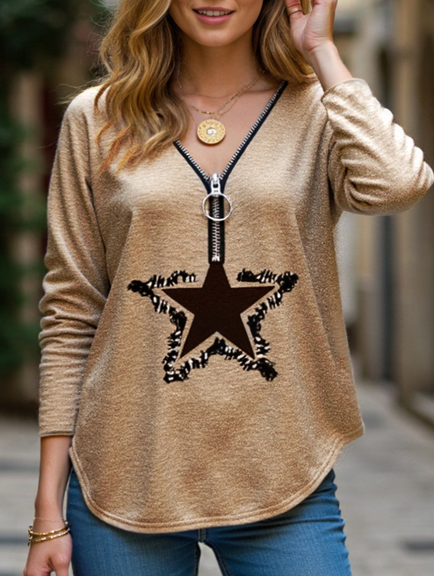 zippered v-neck long-sleeved pullover loose shirt