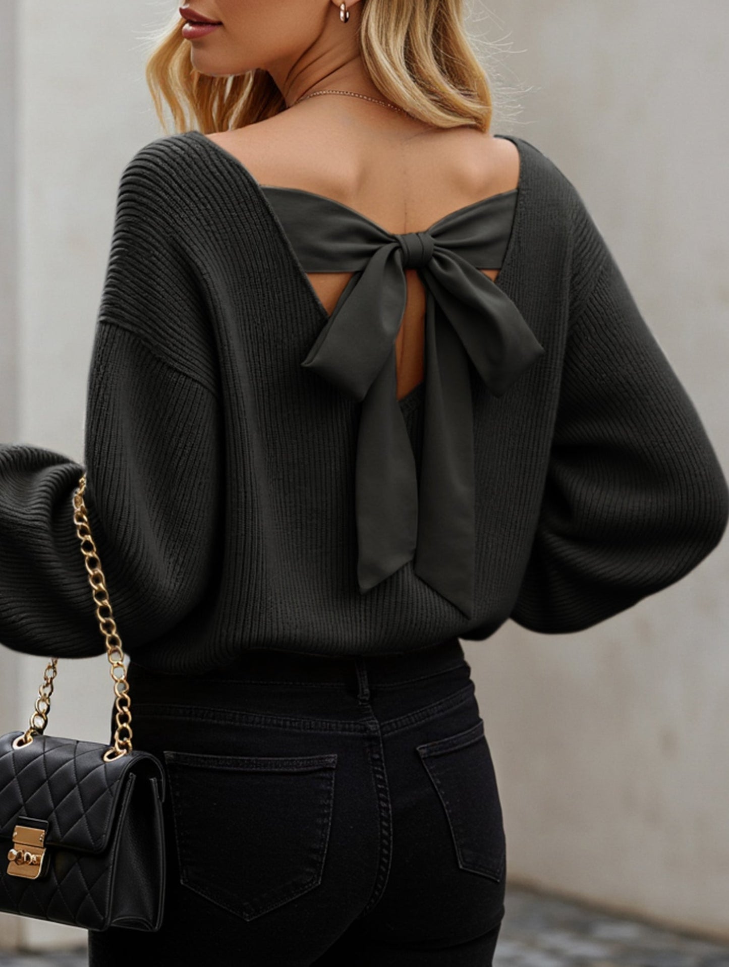 Casual loose v-neck solid color sweater