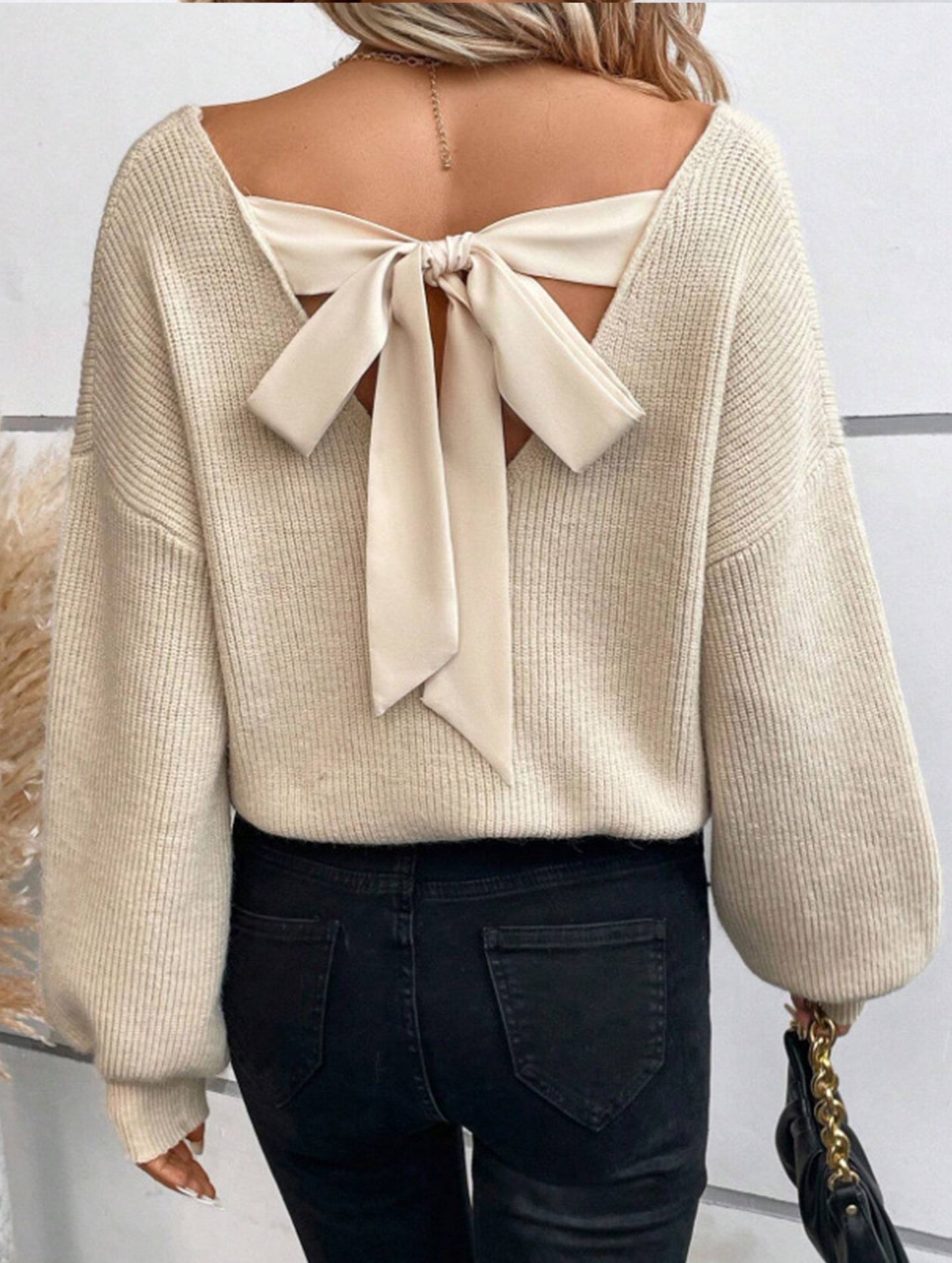 Casual loose v-neck solid color sweater